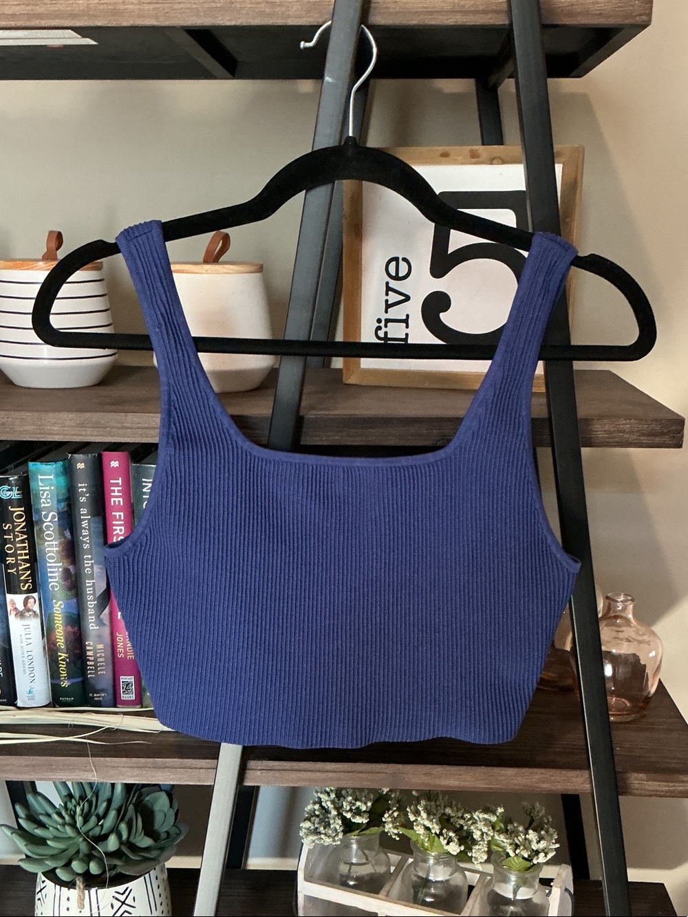 Babaton Ribbed Square-Neck Crop Tank - Deep Blue